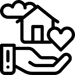 Line icon of a house and a heart held in an open hand